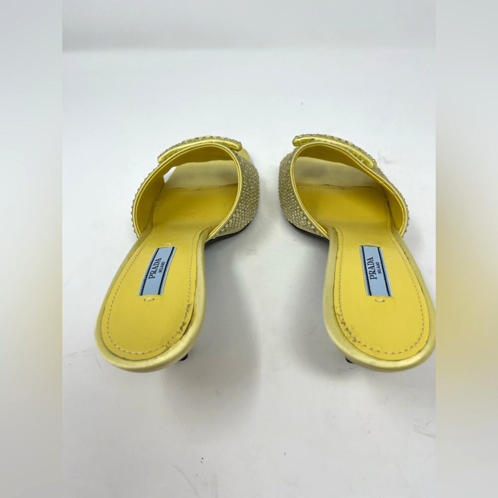Prada Crystal Embellished Satin Mules Butter Yellow Triangle Logo Open Toe 37.5 - Picture 5 of 9